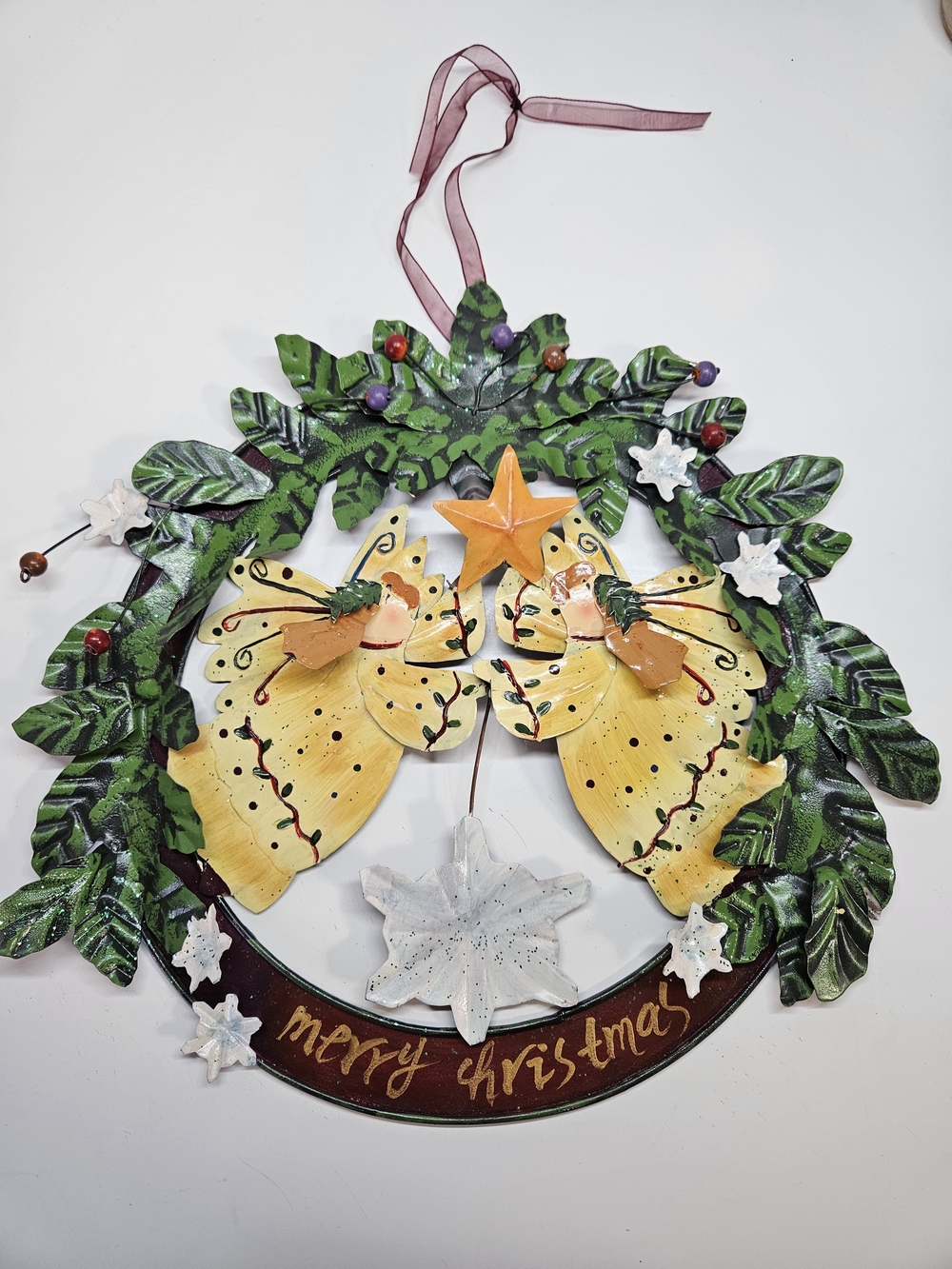 Metal Merry Christmas Angel 3D Hand Painted Door Window Wreath Decor Holiday
